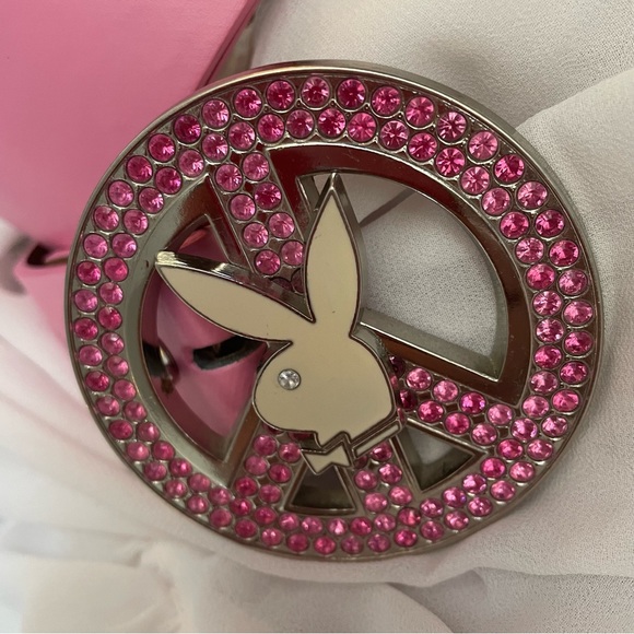 💥RARE💥Y2K Pink Rhinestone Bling Peace Sign Hippie Playboy Belt Buckle Pink Belt